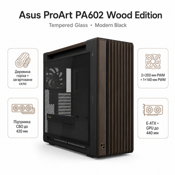 Корпус для ПК Asus ProArt PA602 Mid Tower без БЖ E-ATX Wood Edition Tempered Glass Black (90DC00J0-B09030)