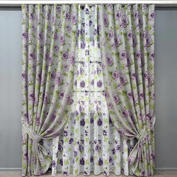 Комплект штор VR-Textil Лен Прованс 100х270 2шт и Тюль 400х270 2079ш-1266т Серый с фиолетовым и белым 71-206/2