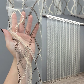 Тюль VR-Textil 1837т Фатин з вишивкою та люрексом Молочний з венге 600х265 см (99-025)