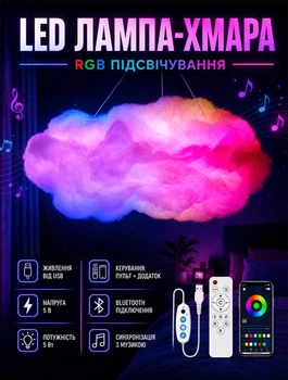 Подвесная смарт-люстра в форме облака с RGB подсветкой и синхронизацией с музыкой Bluetooth управлением и пультом