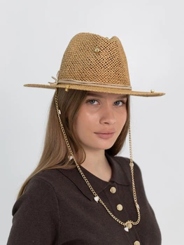Шляпа Федора женская D.Hats из рафия с цепью золото с сердцами коричневая