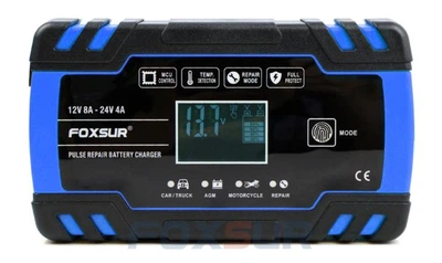Зарядное устройство автомобильного аккумулятора Foxsur 12V 24V 8A автоматическое импульсное зарядное для авто мото аккумуляторов свинцово кислотных гелевых АКБ интеллектуальное универсальный зарядник аккумулятора востановление автомобильных аккумуляторов