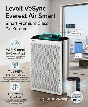Очищувач повітря Levoit VeSync Everest Air Smart True HEPA з Wi-Fi, сенсорним управлінням, фільтрацією PM2.5, для приміщень до 83 м²