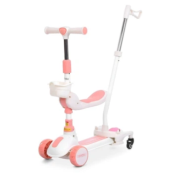 Детский самокат 5в1 JR3-167-5-P, розовый, беговел с родительской ручкой, Bluetooth, музыка, свет