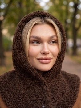 Женский капор Teddy Bear с пухом ангоры и воротником коричневый (шоколад)