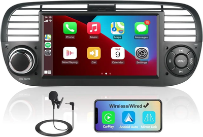 Автомагнитола Yeldhiza 2 DIN 7" для Fiat 500, CarPlay, Android Auto, Bluetooth, FM RDS DAB, сенсорный экран 2/32 ГБ