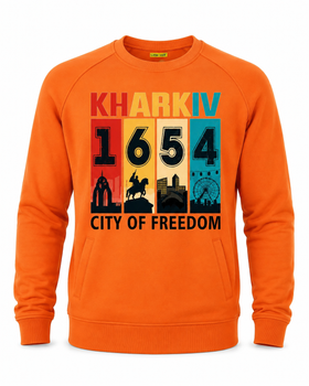 Свитшот унисекс с карманами 726 тринитка с принтом "Kharkiv 1654 city of freedom" оранж. р. L