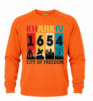 Світшот унісекс реглан 726 тринитка з принтом "Kharkiv 1654 city of freedom" оранж р. L