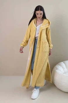 Жіночий довгий кардиган з капюшоном та мереживом Nenka L Жовтий (nenka3754-LXL)