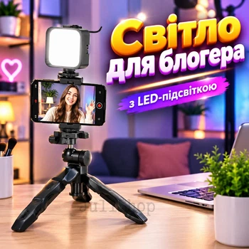 Свет для блоггера штатив-трипод для смартфона с LED-подсветкой