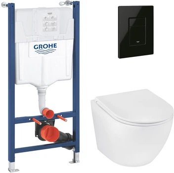 Инсталляция Grohe Rapid SL Solido 38971000 + панель смыва Even 38966KV0 черная глянцевая + унитаз подвесной Kroner Harz WHI493736 Tornado с сиденьем Soft Close дюропласт (38971966KV0KH49T)