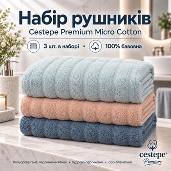 Набор махровых полотенец Cestepe Premium Ezgi 3 шт 80×150 см 100% хлопок светло-серый персиковый серо-синий