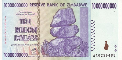 Зімбабве 10 мільярдів доларів 2008 рік Банкноти світу UNC P-85