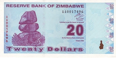 20 доларів dollars 2009 рік Банкнота Зімбабве Африка UNC P-95