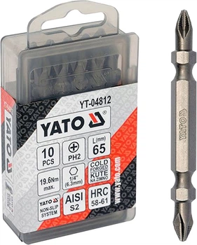 Викруткові насадки (Yato) PH2/PH2 65 мм, двосторонні, HEX 1/4", S2, 10 шт. (YT-04812)