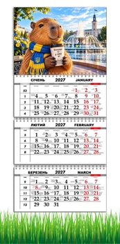 Календар настінний квартальний на 2027 рік на три пружини , Apriori, Капібара , Вінниця, Кава , 29,7х61см
