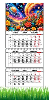 Календарь настенный квартальный на 2027 год на три пружины, Apriori , Цветы , Космос , 29,7х61см