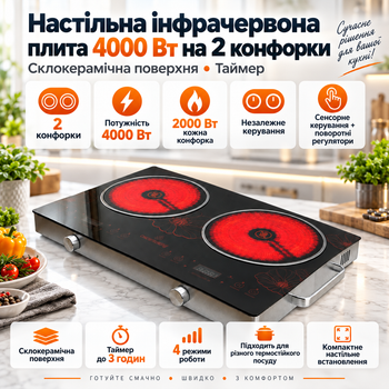 Інфрачервона плита Crownberg 4000 Вт двоконфорочна настільна електроплита зі склокерамікою переносна плита для кухні