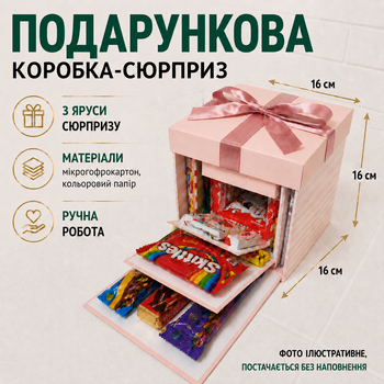 Подарункова розкладна коробка сюрприз 3-рівнева для фото, солодощів та подарунку, коробка трансформер 16х16х16 см Пудрова смугаста