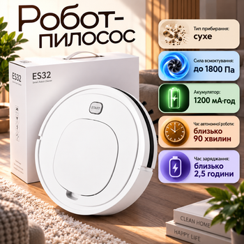 Робот-пилосос ES32 1800 Па 1200 мА·год до 90 хв Сухе прибирання Датчик перешкод ASD Акумуляторний пилосос для ламінату плитки паркету