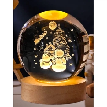 3D ночник 6/8 см Хрустальный Шар с елкой и Снеговиками