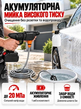 Акумуляторна мийка високого тиску з 1 АКБ, насадками з різним типом розпилення та піногенератором, бездротова міні-мийка для авто, вікон, фасадів, парканів і садового інвентарю, шланг 5 м, MK-2024