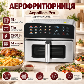 Багатофункціональна фритюрниця для запікання та смаження із великою чашею АероШеф Pro Zepline ZP-00367 15 літрів 2200Вт Електричний аерогриль для приготування їжі без олії 14 програм