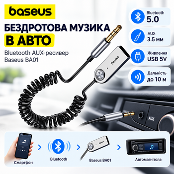 Baseus BA01 AUX USB Bluetooth 5.0 адаптер – ресивер для авто и домашней аудиосистемы