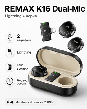 Бездротова мікрофонна система REMAX K16 Dual-Mic, Lightning, чорна