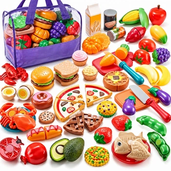 Набор игрушечных продуктов на липучках для нарезки с ножом и сумкой, 78 предметов PLAY FOOD (PYFD-001)