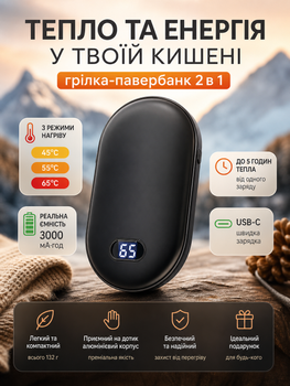 Грілка-павербанк 2 в 1 N22 3000 — компактна акумуляторна грілка з підігрівом 45/55/65°C та роботою до 5 годин Чорний