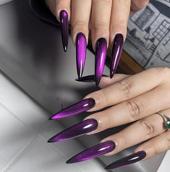 Накладні нігті Cat Eye котяче око, фіолетові, форма стилет, довгі, 24 шт