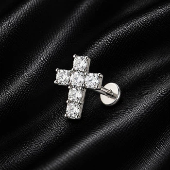 Сережки лабрет для пірсингу «Крест» Asteel із фіанітами в крапанах Срібляста 8 мм