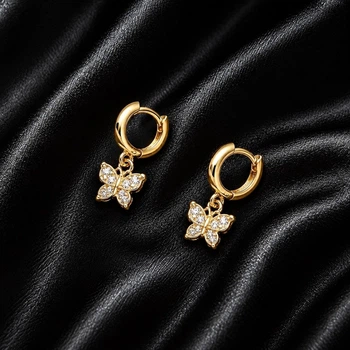 Серьги-кольца (конго) с подвесками «Бабочки» Asteel с фианитами Золотистые 2 шт 8 мм