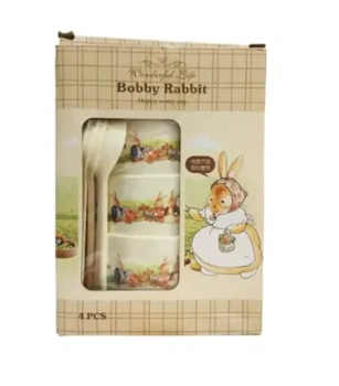 Детский набор посуды Bobby Rabbit 4 тарелки с ложечками, безопасный пластик, нежные цвета