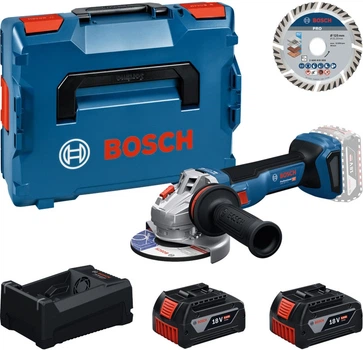 Szlifierka kątowa akumulatorowa Bosch Professional GWS 18V-10 + 2x akumulator 5.0 Ah + ładowarka + tarcza tnąca 125 mm w walizce L-BOXX (4053423901405)