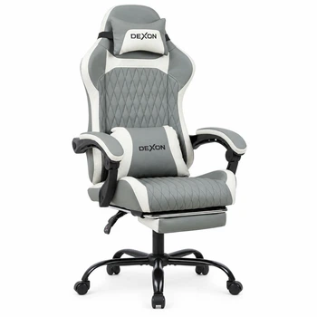 Геймерское кресло DEXON EVI RD-6072 с подставкой для ног, из экокожи, металлическая крестовина, Серый