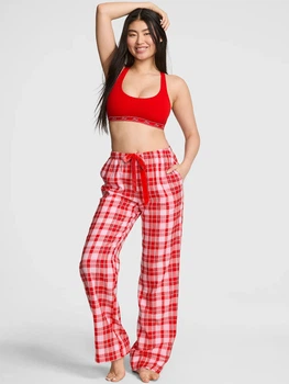 Штаны пижамные женские красные в клетку фланель красный+розовый Victoria's Secret PINK QAK18 размер S