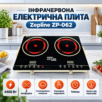 Электрическая инфракрасная настольная плита для дома и дачи с сенсорным управлением Zepline ZP-062 Компактная стеклокерамическая электроплита с дисплеем и таймером 4400 Вт