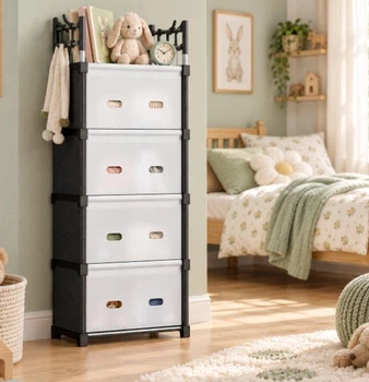 Комод дитячий пластиковий WFB05D 42x29x140 см / Вузька збірна шафа-органайзер з 4 ящиками та верхньою полицею / Стелаж-поверхівка