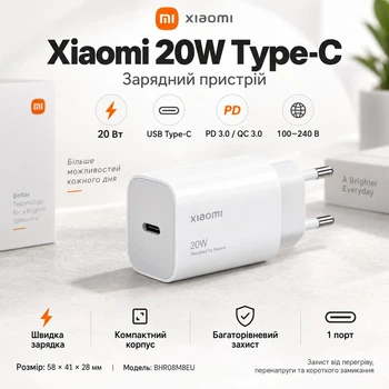 Зарядний Блок Xiaomi 20W Type-C для Швидкого Заряджання White (BHR08M8EU) (Power Delivery) (Fast Charging)