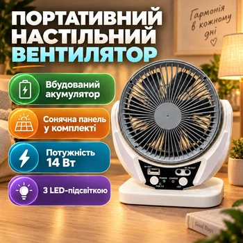 Портативний настільний вентилятор – кондиціонер з підсвіткою 4 в 1 з сонячною панеллю FAN-606