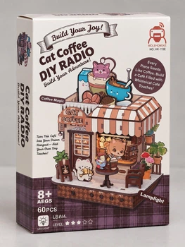 3D деревянный конструктор-румбокс с радио и LED-подсветкой "Cat coffee" DIY интерьерный кукольный домик
