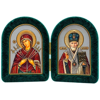 Ікона-складень "Богородиця Семистрільна та Святий Миколай" в оксамиті арочна зелена 6х8 см