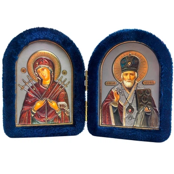 Ікона-складень "Богородиця Семистрільна та Микола Чудотворець" в оксамиті арочна синя 6х8 см