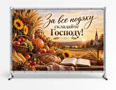 Баннер "С Днем благодарения" для церкви. Христианский баннер к празднику жатвы и урожая "Благодарность", 2х3 м