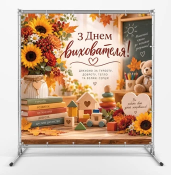 Баннер. С Днем воспитателя. "Игрушки" для садика и дошкольных работников, размер 2х2 м