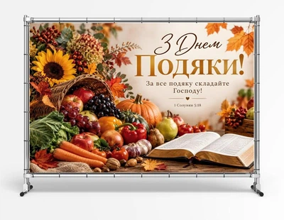 Баннер "С Днем благодарения" для церкви. Христианский баннер к празднику жатвы и урожая "1 Фессалоникийцам 5:18", 2х3 м