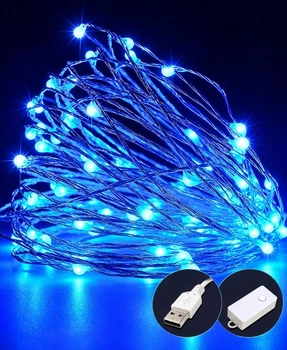 Гирлянда Роса 10 м, 100 LED, реле, 8 режимов, USB, синий, 1901-02