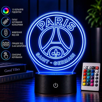 Светильник ночник «Логотип футбольного клуба PSG» лампа с пультом, подарок для настоящих болельщиков Пари Сен-Жермен (7 цветов 4 режима) (3DP187)